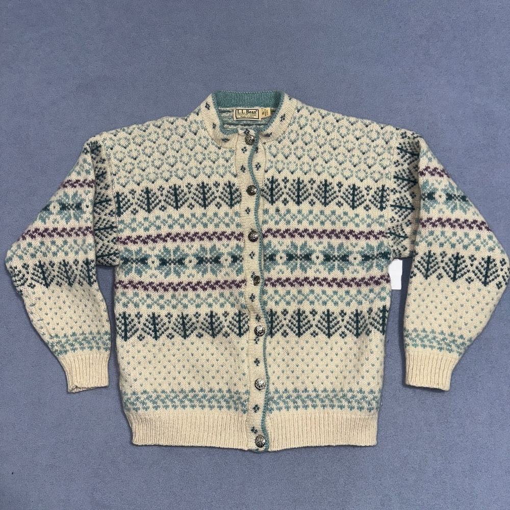 L.L. Bean Cream Fair Isle Wool Button-Up Cardigan